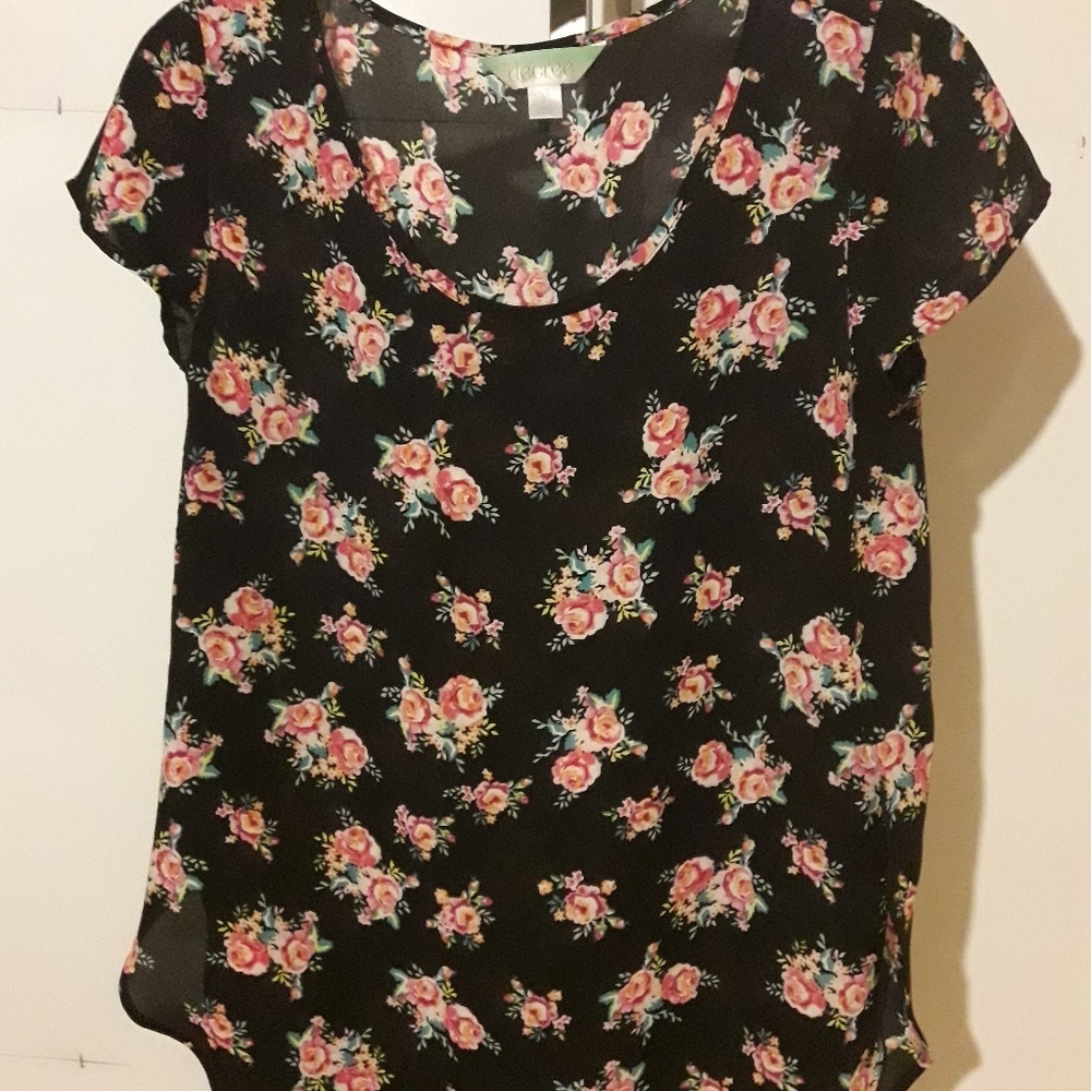 Decree Boho Black Pink Floral Print Semi Sheer Top